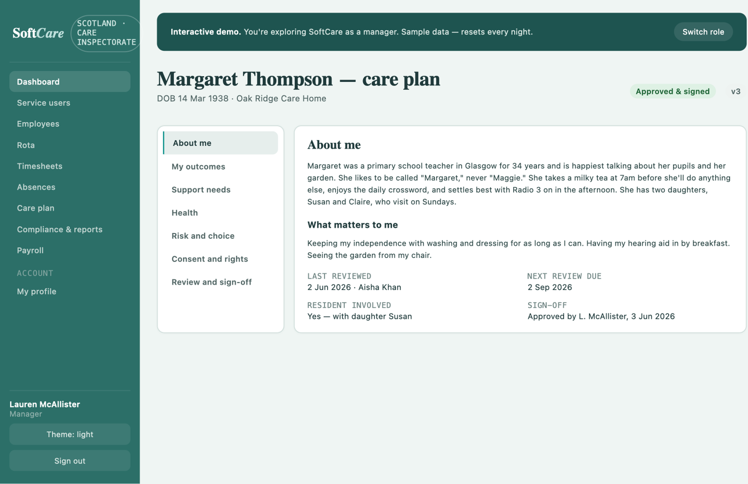 SoftCare care plan — person-centred 'About me' section, approved and signed