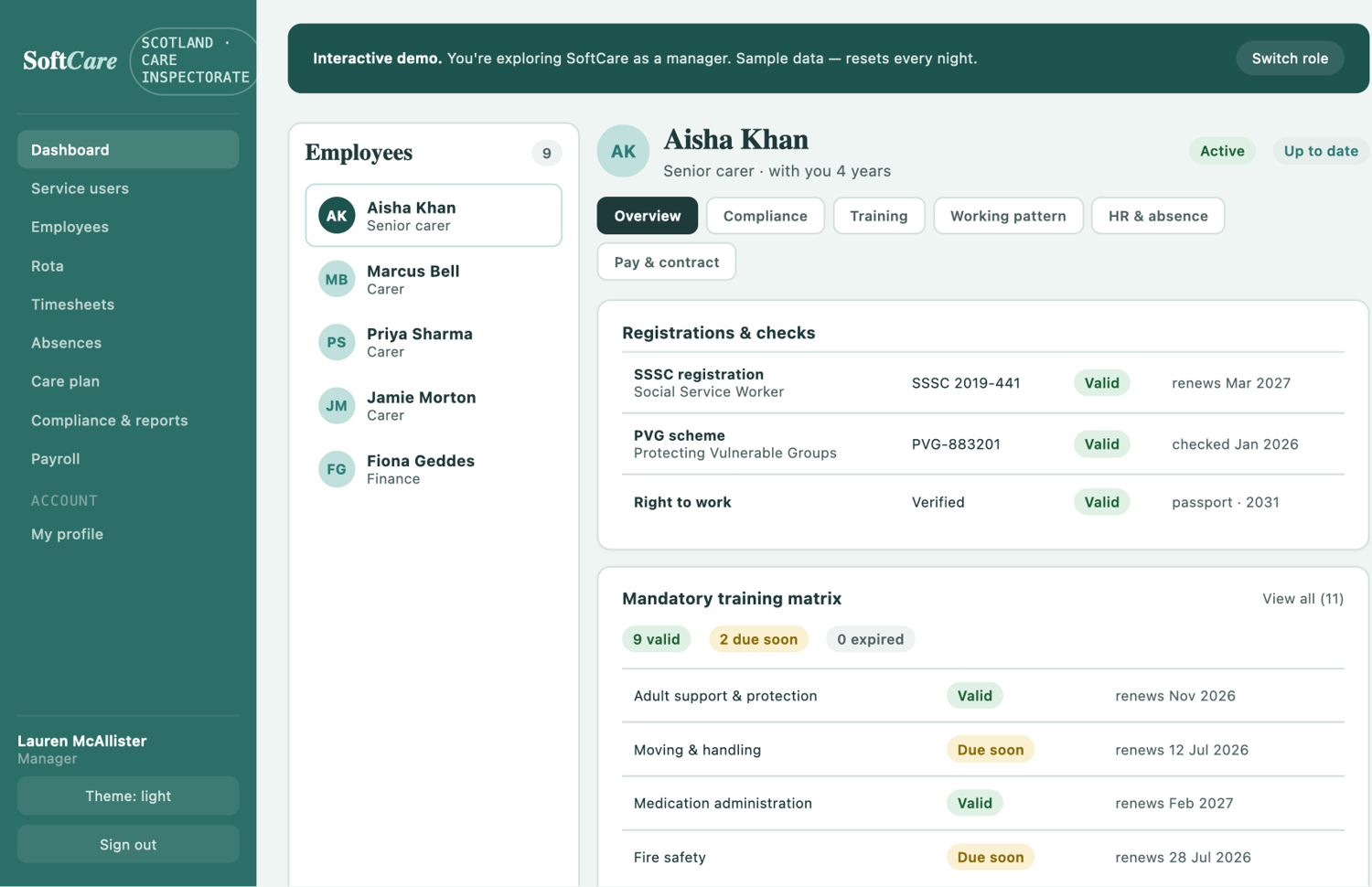 SoftCare employee record — registrations, checks and training matrix