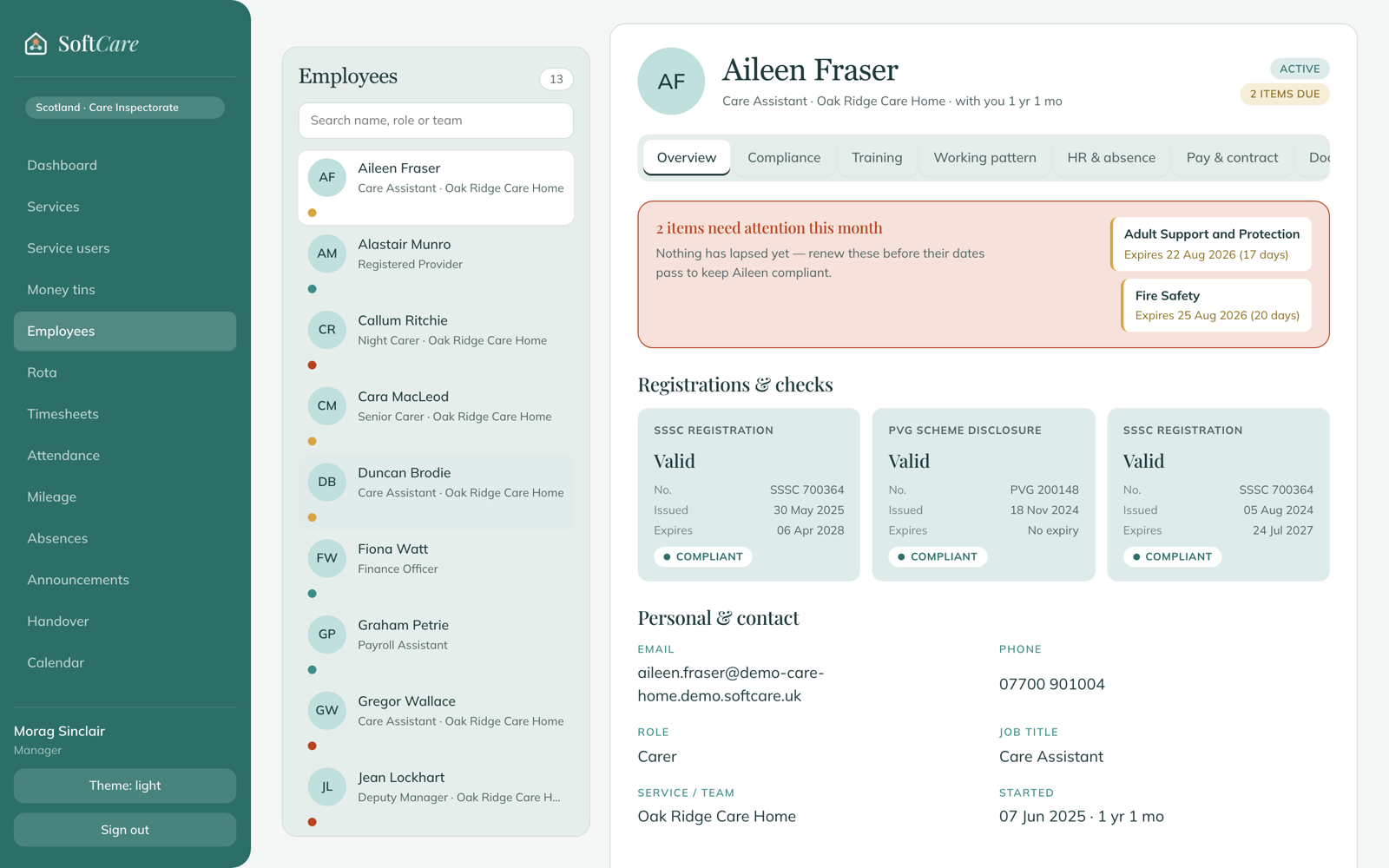 SoftCare employee record — registrations, checks and training matrix