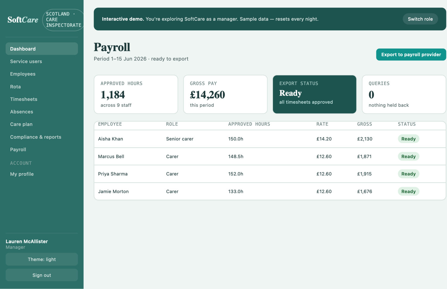 SoftCare payroll — approved hours and gross pay ready to export