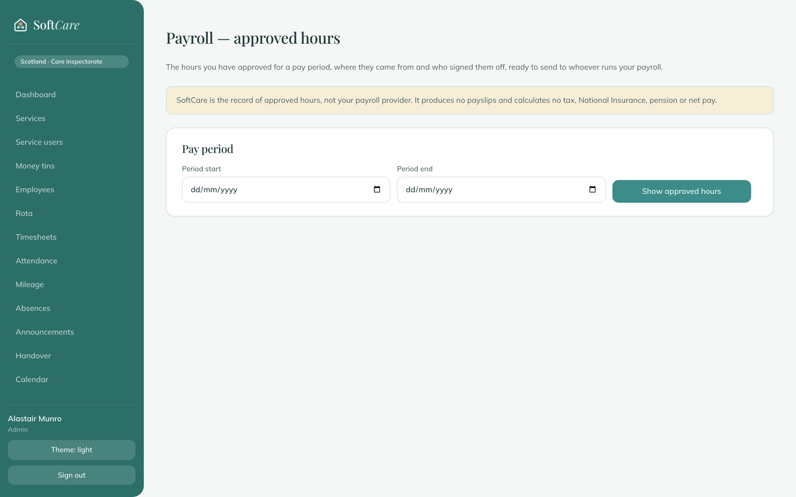 SoftCare payroll — approved hours and gross pay ready to export