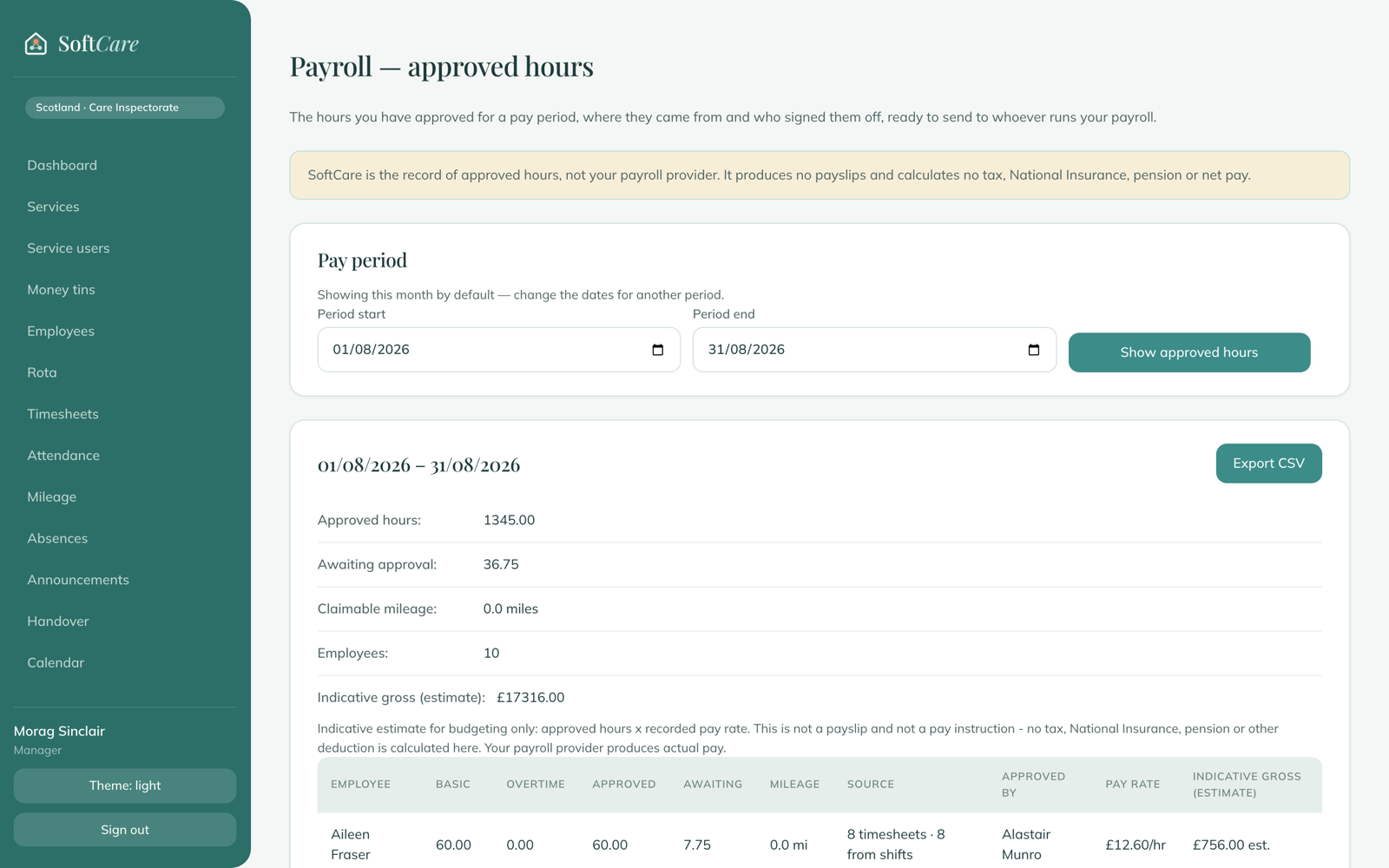 SoftCare payroll — approved hours and gross pay ready to export