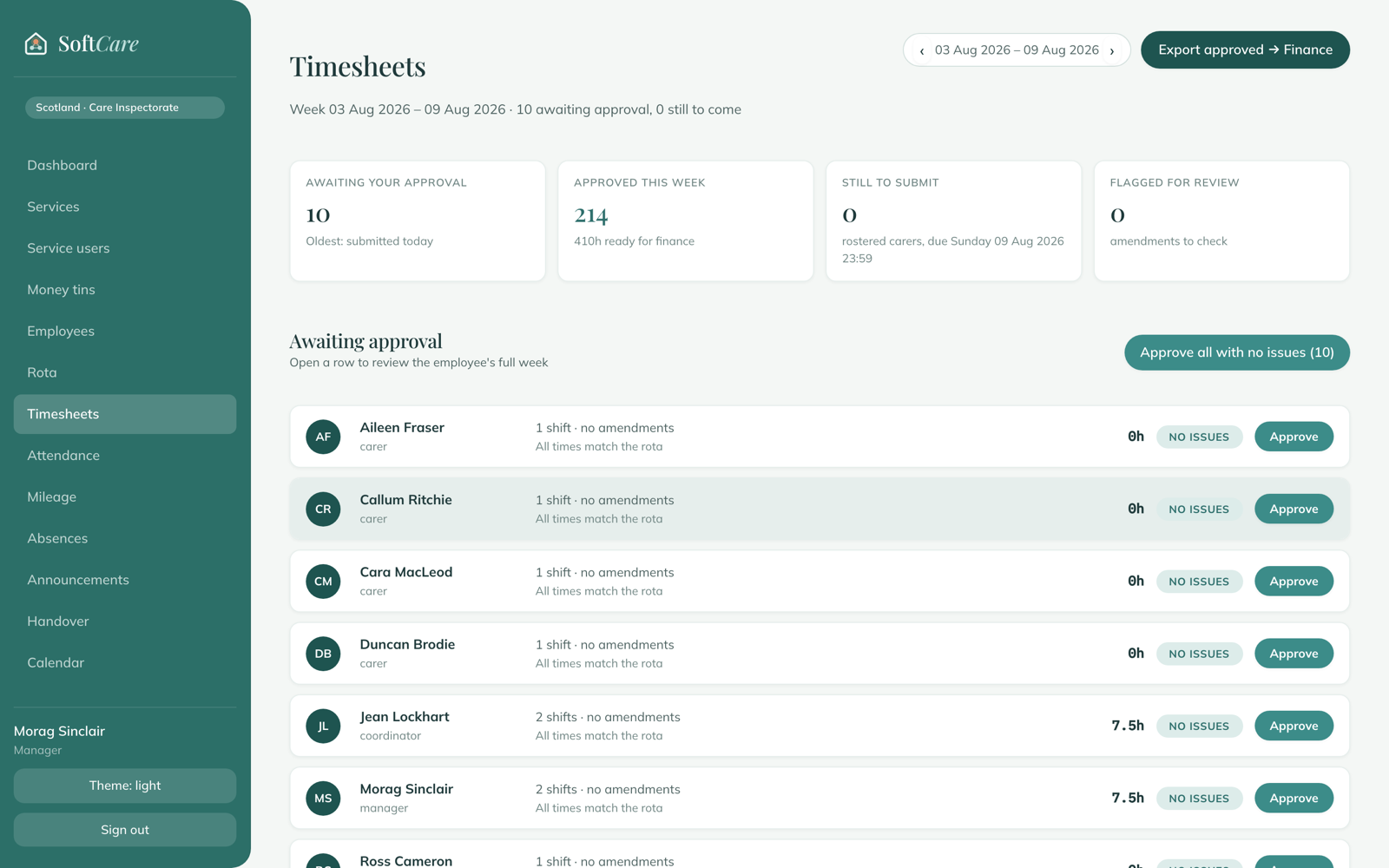 SoftCare timesheets — submissions awaiting manager approval, ready to export